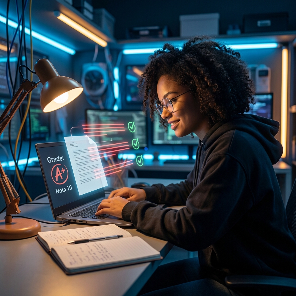 Estudante brasileira usando IA como corretor privado de redação